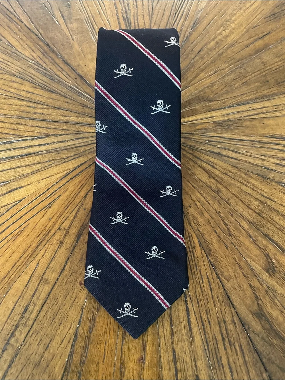 Vintage Polo Ralph Lauren Black Tie with White Skull Motif and Red-Trim Stripes